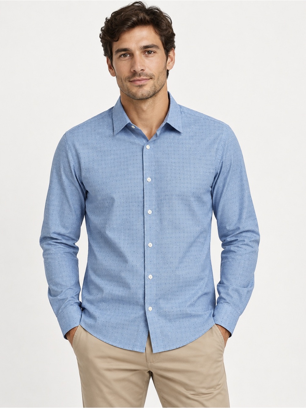 Nordstrom Tech smart Trim Fit Sky Blue Dotted Spread-Collar Dress Shirt XL